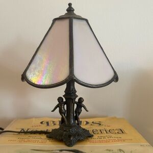 Vintage MCM Tiffa-Mini Iridescent Slag Glass Tiffany Style Cherubs Lamp